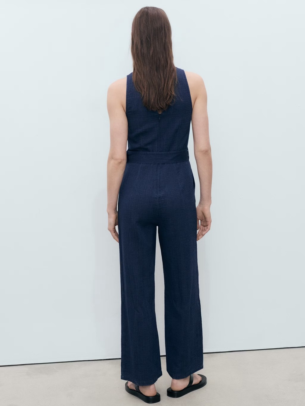 Mango Navy flowy denim jumpsuit with belt NWT - Picture 3 of 6